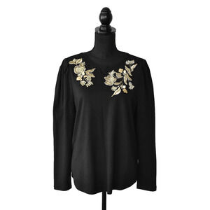 A4 NWT CHICOS Black Cotton Knit Embroidered Beaded Long Sleeve Top Size 2/L $89